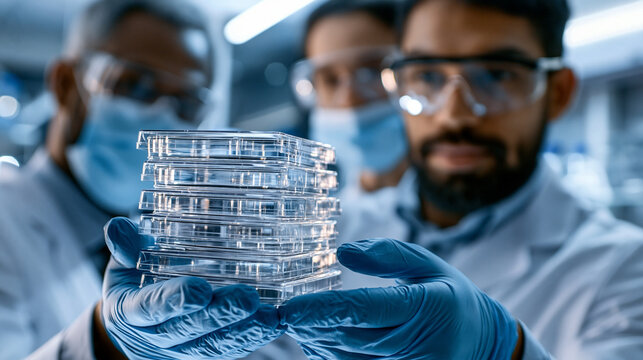 Researcher in goggles and mask holding a stack of clear cell culture plates face out of focus behind protective gear bright clean lab researcher cell culture plates goggles