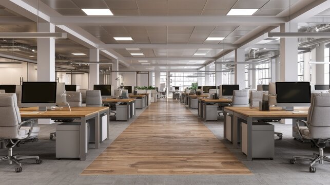 A spacious, modern office with numerous desks, chairs, and computers in an open-plan layout.