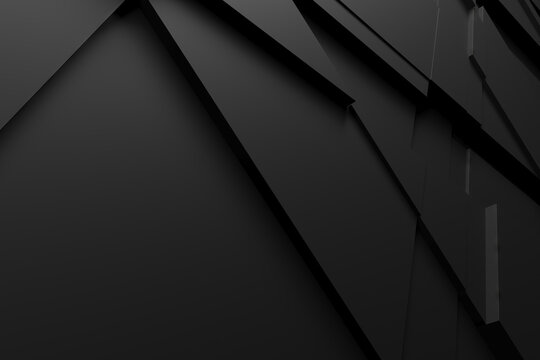 Dark layered angular panels abstract composition in black for minimalist tech background and poster design