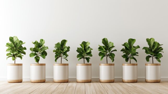A row of seven potted plants with wooden bases and white pots, arranged in a line against a plain white wall with a wooden floor.