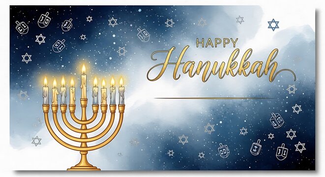 Illustrated Hanukkah greeting card featuring a lit menorah with candles and festive snowflakes in the background.