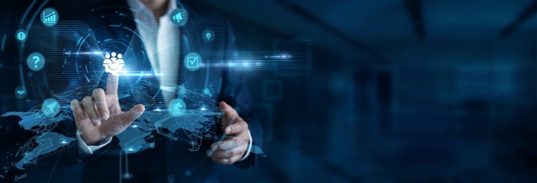 Project manager touching Project Management and Global Networking, workflow planning systems, task coordination, agile methodology, team collaboration and productivity tools.