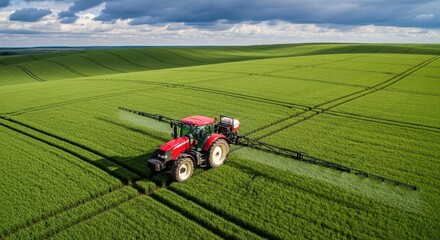 Naklejka premium Modern Red Tractor with Boom Sprayer Working in Vast Green Agricultural Field Aerial Drone Shot
