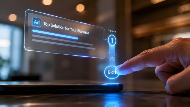 Digital advertising concept hand interacting with smartphone ad interface