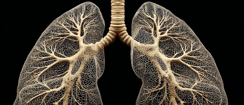 Detailed anatomical illustration of human lungs with visible bronchial structures set against a black background.