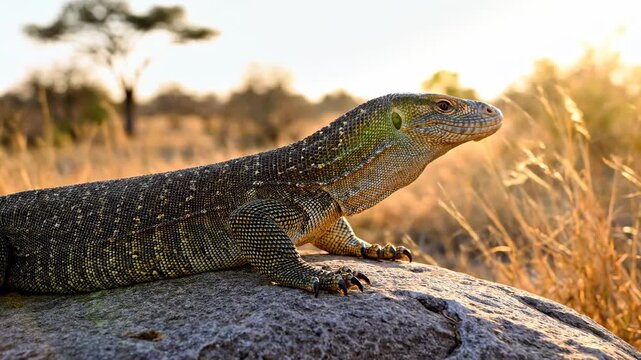 A wild african savanna monitor lizard basks peacefully upon a weathered stone while golden sunbeams illuminate the dry grassland during the late afternoon hours in a serene natural bush