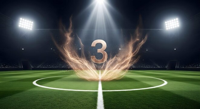 Dynamic stadium countdown with glowing number three and golden particles on a vibrant football pitch under spotlights, creating an electrifying atmosphere