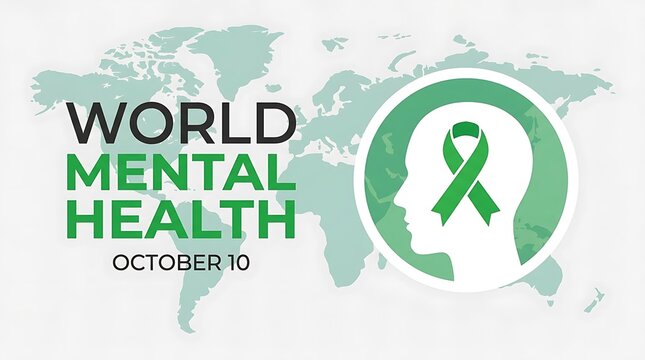 World mental health day awareness graphic with green ribbon and world map
