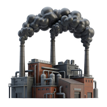 Industrial factory building with smoking chimneys and heavy air pollution isolated on transparent background