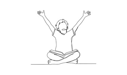 Fototapeta premium Continuous line art illustration of a child reading and celebrating with education