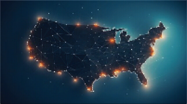 Digital map of the united states of america with glowing network nodes and connection lines, representing technology, communication, internet connectivity, and data flow across the country