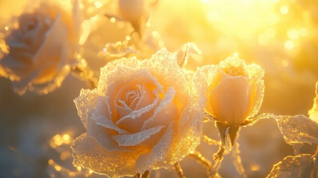 frozen roses at sunrise