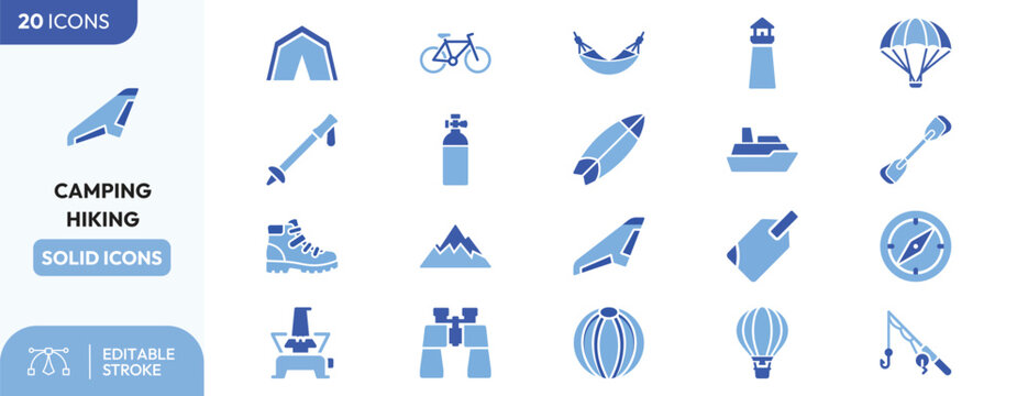 Wilderness set. Containing hiking boots, tent, compass, sleeping bag, lantern, backpack, binoculars, parachute, lighthouse, campfire, and hammock. Editable stroke. Vector illustration.