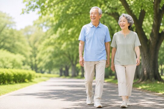 夏の公園で笑顔で散歩するシニア夫婦