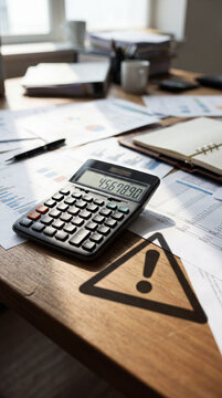 Calculator on a wooden desk surrounded by paperwork and a warning sign, indicating urgency in financial assessment