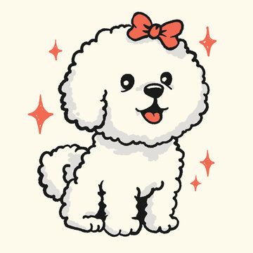 Cute white bichon frise dog mascot with bow cartoon vector illustration
