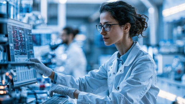 A female scientist wearing a white lab coat and glasses, working at a computer in a laboratory with various equipment and samples.