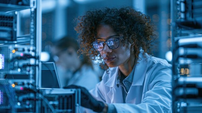 A woman in a lab coat working in a server room with a computer monitor in front of her.