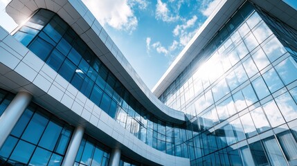 Obraz premium A modern office building with glass windows and blue sky in the background.