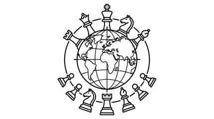 Minimalist Black and White Chess Pieces Surrounding a Globe for Strategy and Global Concepts with high quality professional line art symbols for modern creative design and digital branding projects © M Iqbal