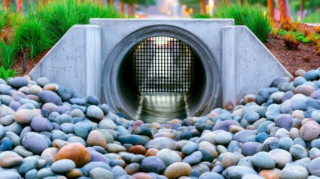Reinforced Concrete Stormwater Headwall with Drainage Pipe and Pebble Landscape