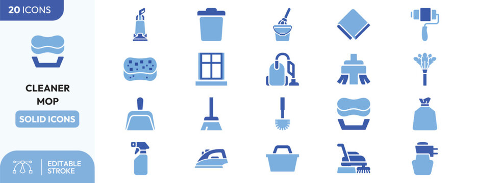 Ing set. Containing vacuum er, mop, scrub sponge, spray bottle, dustpan, broom, squeegee, iron, bucket, scrub brush, dusting brush, ing cloth, sprayer, scrub. Editable stroke. Vector illustration.