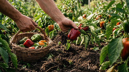 Fototapeta premium Harvesting Fresh Bell Peppers From Organic Farm Garden