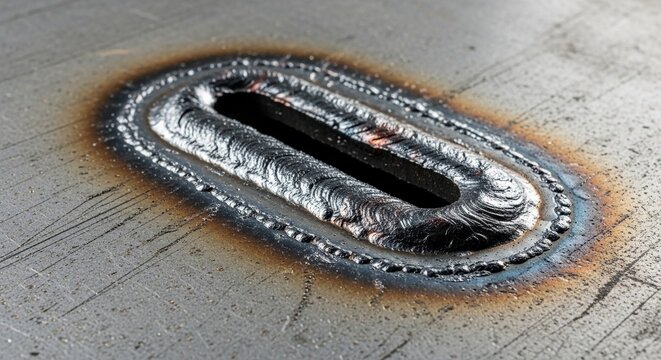 Close up of a freshly welded steel plate seam showcasing textured metal and slag details