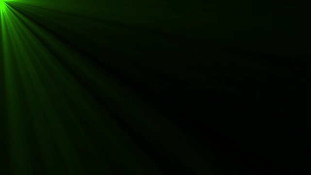Bright lime green light rays emanating from the left corner creating a glowing lens flare effect against a dark black background for visual overlays