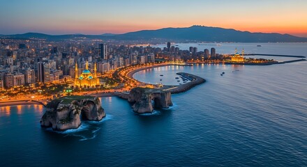 Naklejka premium Golden hour cityscape with ferry docked at harbor.