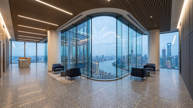 Modern empty corporate office with panoramic city skyline view. Spacious contemporary workspace featuring floor-to-ceiling windows and sleek minima...
