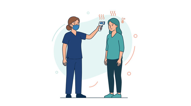 Nurse measures patient's temperature with non-contact thermometer, symbolizing health screening, fever check, and medical care during pandemic.