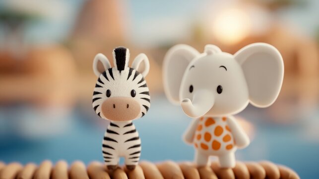 Cute stylized toy zebra and elephant standing on a woven surface with a soft colorful background.