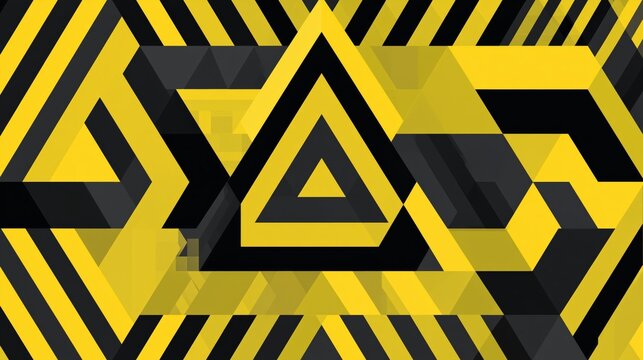A dynamic geometric pattern featuring yellow and black triangles creates a striking abstract background design.