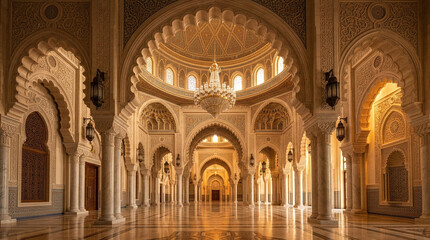 Obraz premium Luxurious Arabic Palace Hall with Arches, Chandeliers and Ornate Details