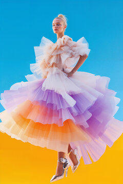 Ethereal fashion woman with pastel ruffles against vivid sky backdrop