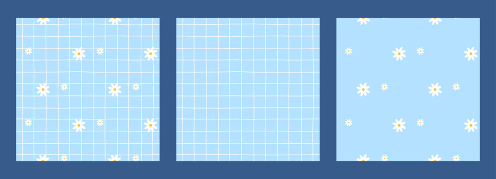 Daisy plaid seamless pattern with cute gingham check and spring pastel. Flowers for floral wallpaper chequered or checkered backgrounds. Mini grid of squares and stripes with pink dots.