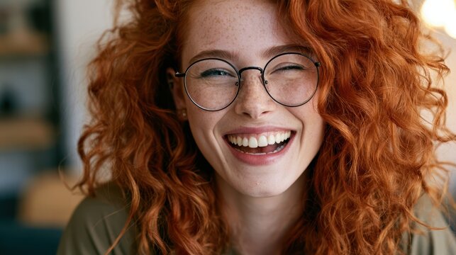 Young woman with vibrant red curly hair and freckles laughing heartily