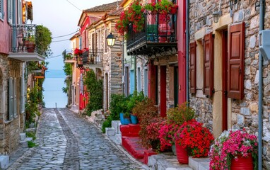 Fototapeta premium Charming Historic Cobblestone Alley Lined With Colorful Flowers and Vibrant Houses