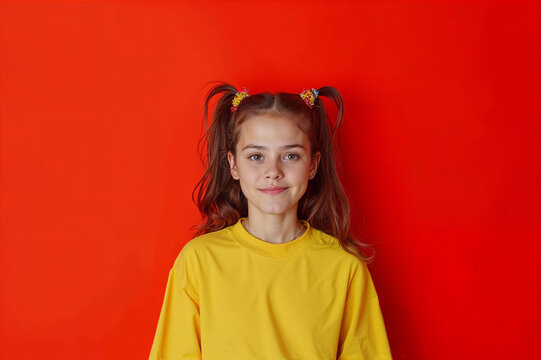 Young girl in yellow shirt with red background, smiling expression
