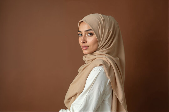 Portrait of a woman in a beige hijab on a brown background