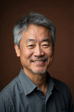 Portrait of a smiling mature man with grey hair against brown background