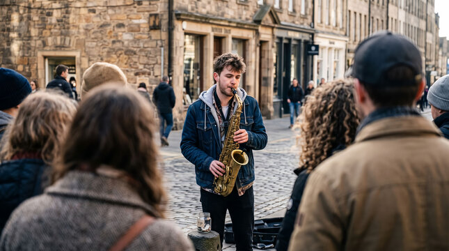 Male musician playing saxophone on a busy street during the Festival