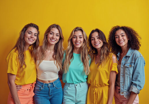 Group of diverse friends smiling against a vibrant yellow background