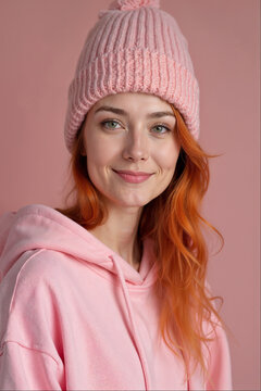 Young woman with pink hat and hoodie against pastel background