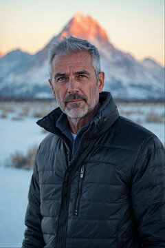 Middle-aged man in outdoor gear with a snowy mountain backdrop