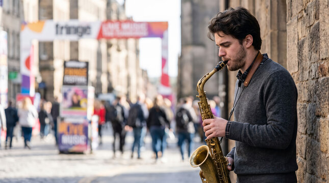 Male musician playing saxophone on a busy street during the Festival event