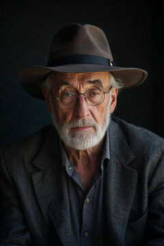 Portrait of an elderly man with a hat and beard, looking serious