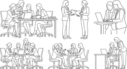 Obraz premium Businesswomen Team Collaboration and Office Meeting Line Art Vector Collection