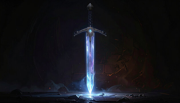 Dramatic illuminated sword illustration against dark background for concept